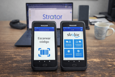 PDA Honeywell con Strator mostrando escaneo y menú de inventarios