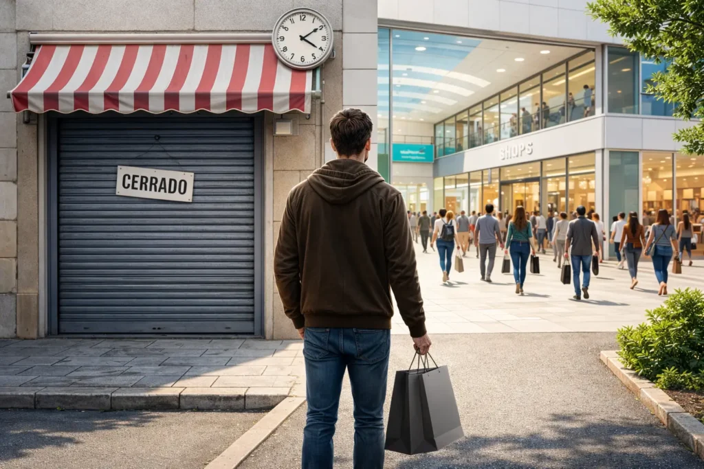 Comercio de barrio cerrado a las 14:30 mientras centro comercial permanece abierto con clientes entrando