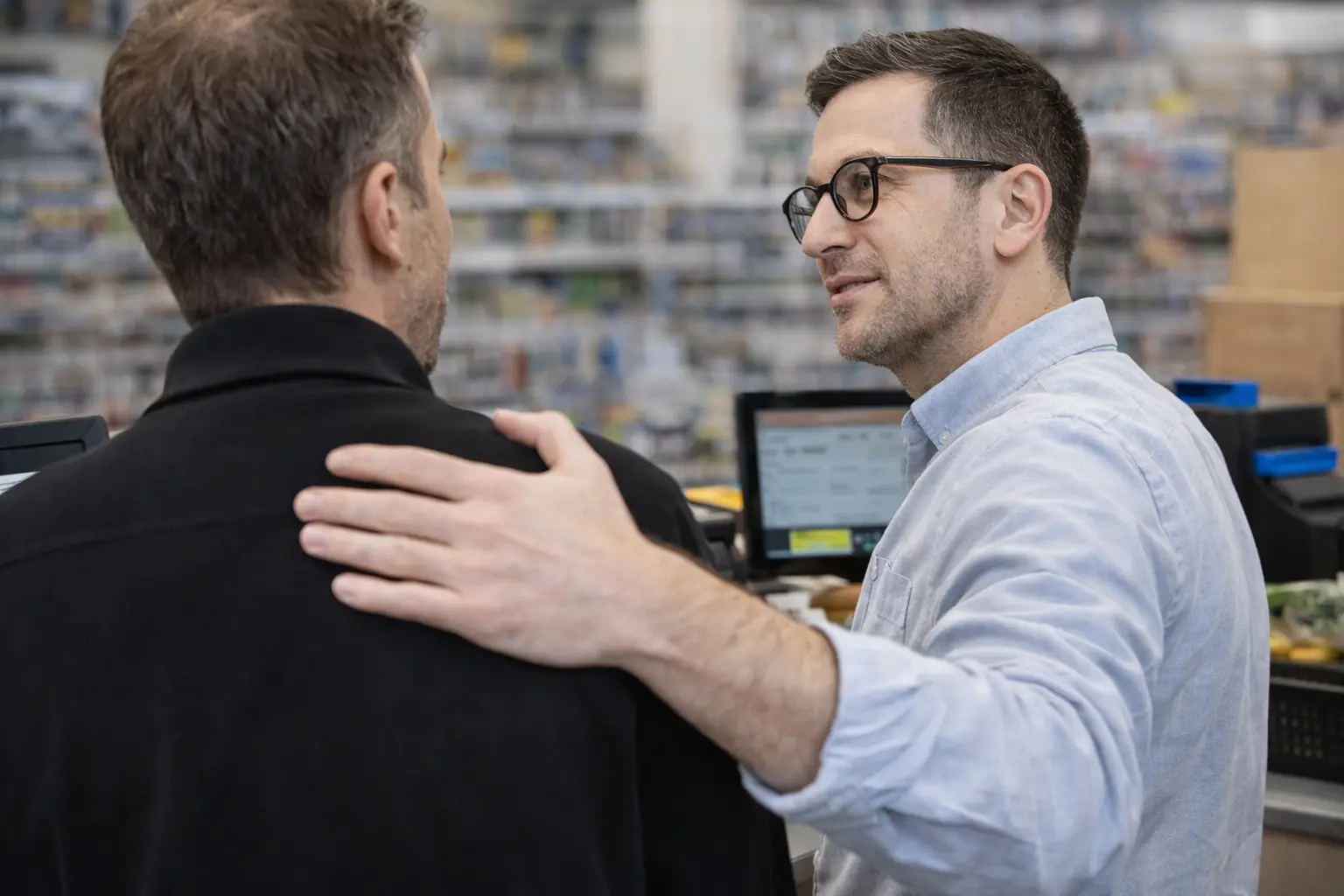 Profesional apoyando a otro en su negocio como símbolo de acompañamiento y soporte continuo