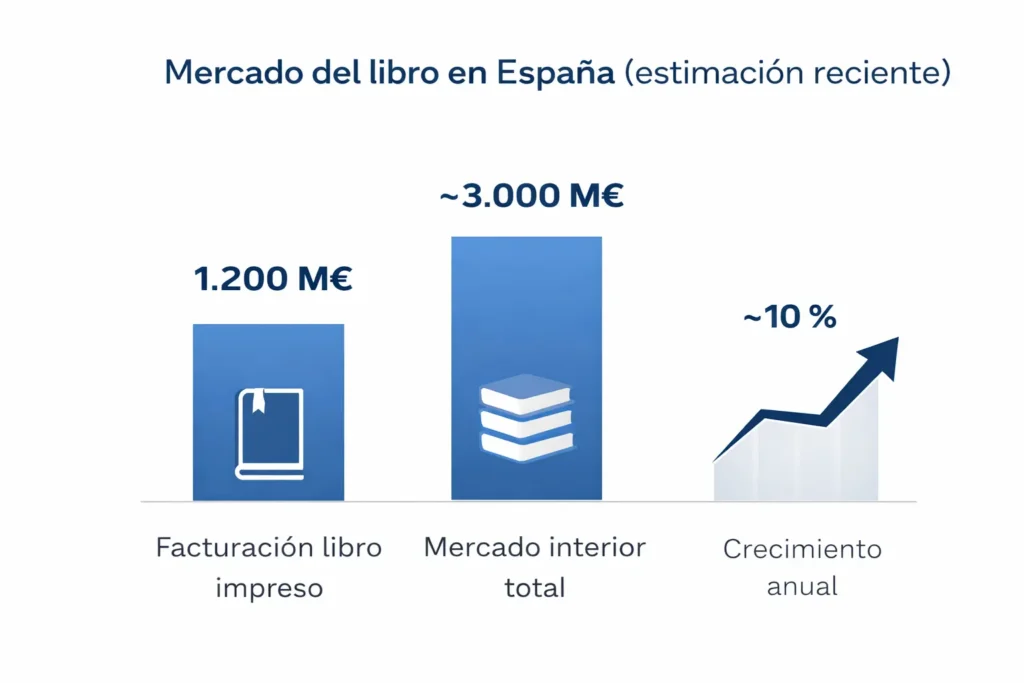 “Gráfico del mercado del libro en España: más de 1.200 millones de euros en libro impreso, cerca de 3.000 millones en el mercado editorial total y crecimiento anual aproximado del 10 %.”