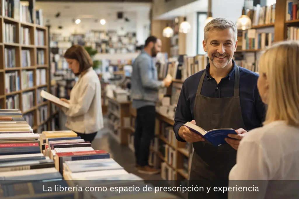“Clientes explorando libros en una librería moderna mientras el librero recomienda lecturas.”