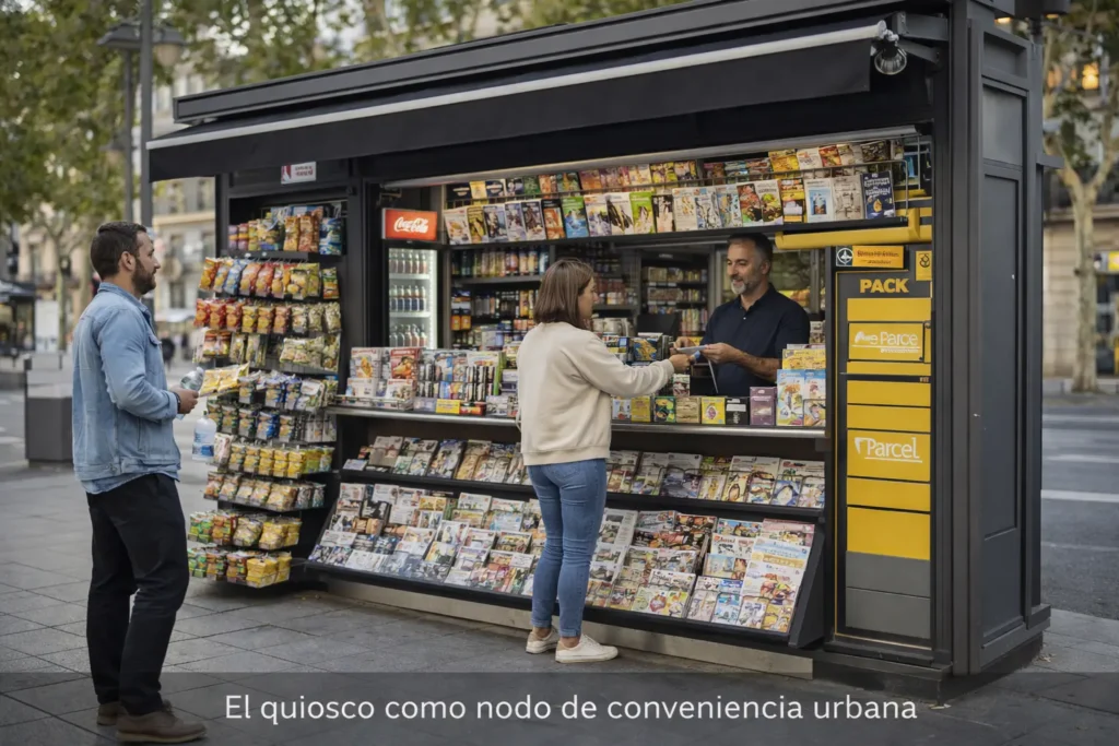 “Quiosco urbano funcionando como punto de conveniencia y servicio en el comercio de proximidad.”