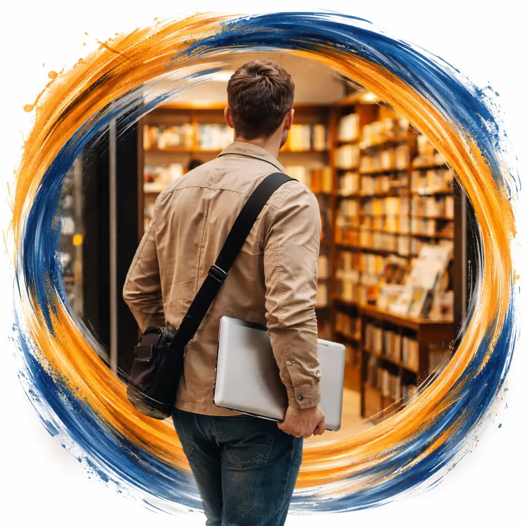 Persona entrando en una librería con un portátil en la mano, símbolo de la digitalización y del cambio en los hábitos de lectura.