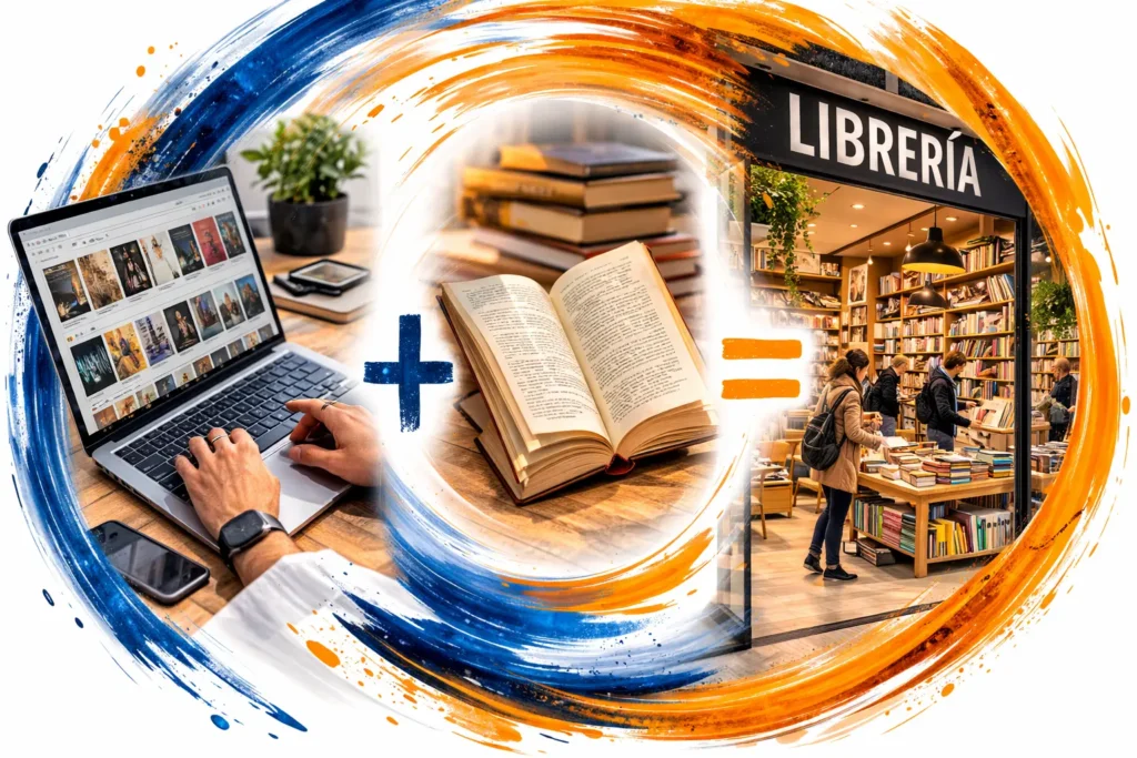 Ordenador portátil y libro abierto que simbolizan la convivencia entre lectura digital y librerías físicas.