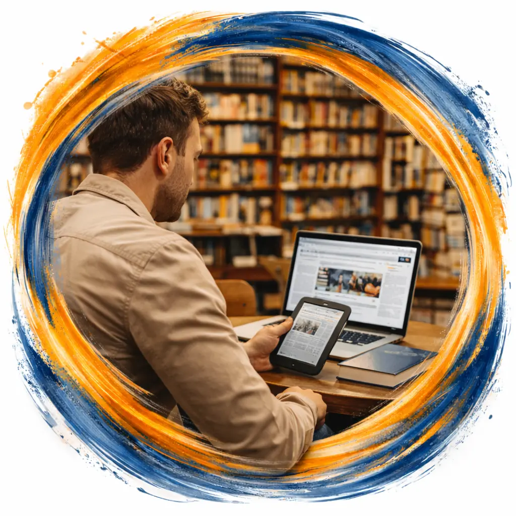 Persona leyendo en una mesa dentro de una librería con un e-reader, un portátil y un libro físico, rodeado de estanterías llenas de libros que representan la convivencia entre lectura digital y papel.