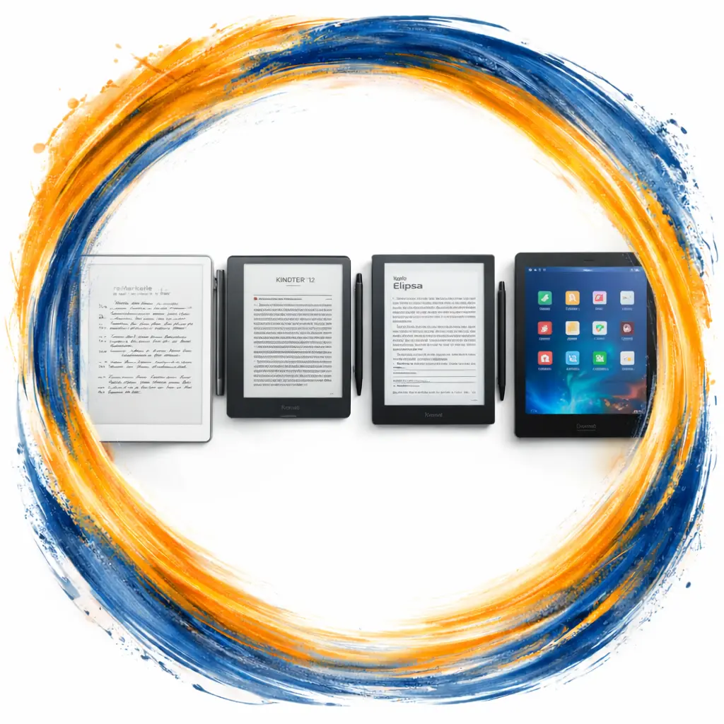 Comparativa visual de lectores digitales de nueva generación — reMarkable, Kindle Scribe, Kobo Elipsa y Onyx Boox — utilizados para lectura intensiva de libros, documentos y prensa digital.