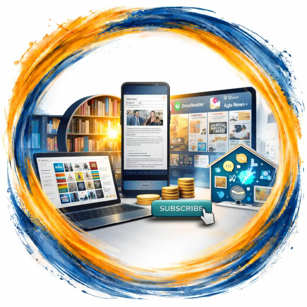 Ilustración conceptual del nuevo ecosistema de lectura digital con e-readers conectados a suscripciones, plataformas agregadoras de contenido, bibliotecas digitales y servicios de lectura online.