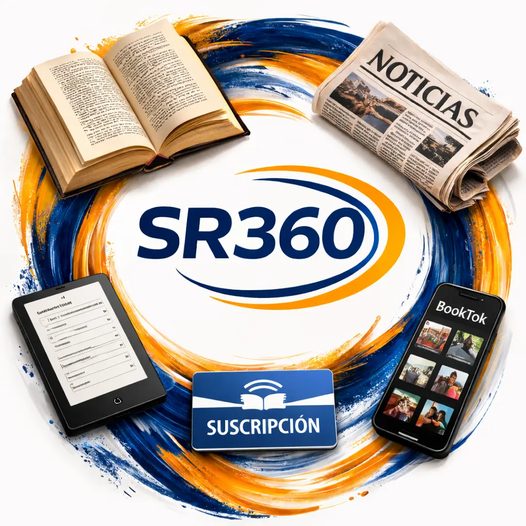 Libro abierto en el centro representando la lectura tradicional, rodeado por dispositivos digitales como e-reader, smartphone y audiolibros dentro de un círculo azul y naranja, simbolizando el nuevo ecosistema híbrido de lectura que combina papel y formatos digitales.