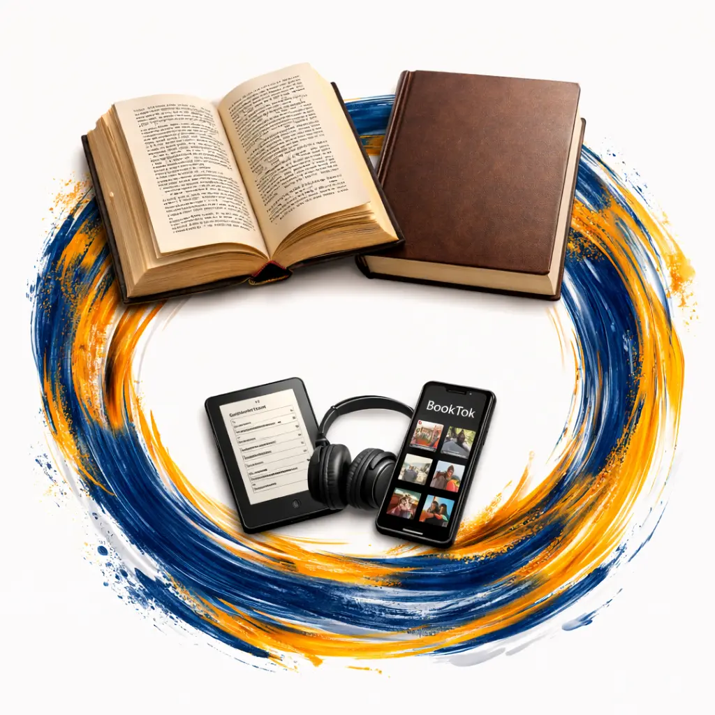 Representación de los nuevos modelos del ecosistema de lectura: suscripciones digitales, autopublicación de libros y comunidades lectoras compartiendo lectura.