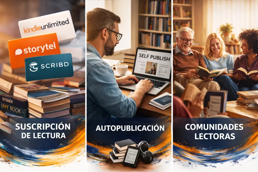 Libro abierto en el centro rodeado por iconos de e-reader, audiolibros, móvil, comunidades lectoras y plataformas de contenido, representando el ecosistema moderno de lectura que combina papel y formatos digitales.