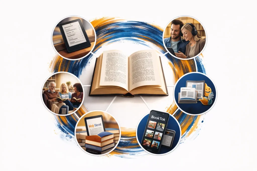 Librería moderna con zona de lectura, presentación de libros y demostración de dispositivos de lectura digital, representando la adaptación del comercio cultural al nuevo ecosistema de lectura.