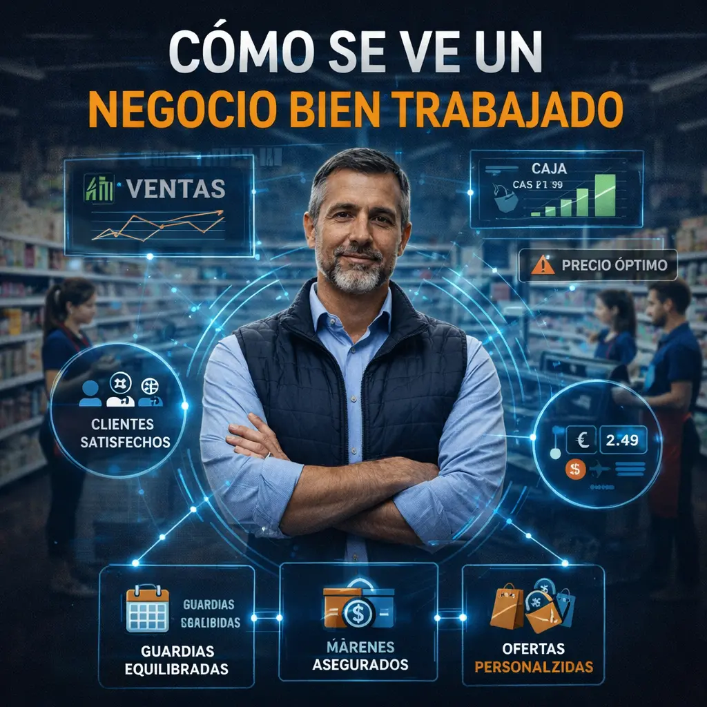 Gerente de tienda en retail con indicadores de ventas, caja, precios, clientes y ofertas mostrando un negocio bien trabajado con control operativo y uso eficiente de la inteligencia artificial.