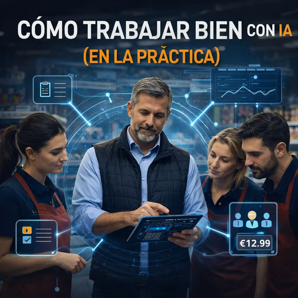 Equipo de tienda trabajando con un sistema de inteligencia artificial en retail, revisando datos en una tablet para tomar decisiones operativas como precios, personal y control de procesos en la práctica.