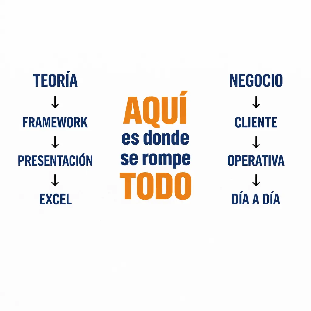 Diagrama que muestra dónde falla la conexión entre la teoría y la operativa real del negocio, destacando el punto donde los modelos no se sostienen en el día a día