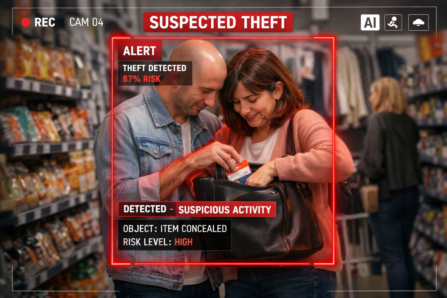 Sistema de cámaras con inteligencia artificial detectando intento de hurto en tienda en tiempo real mediante análisis de comportamiento del cliente.