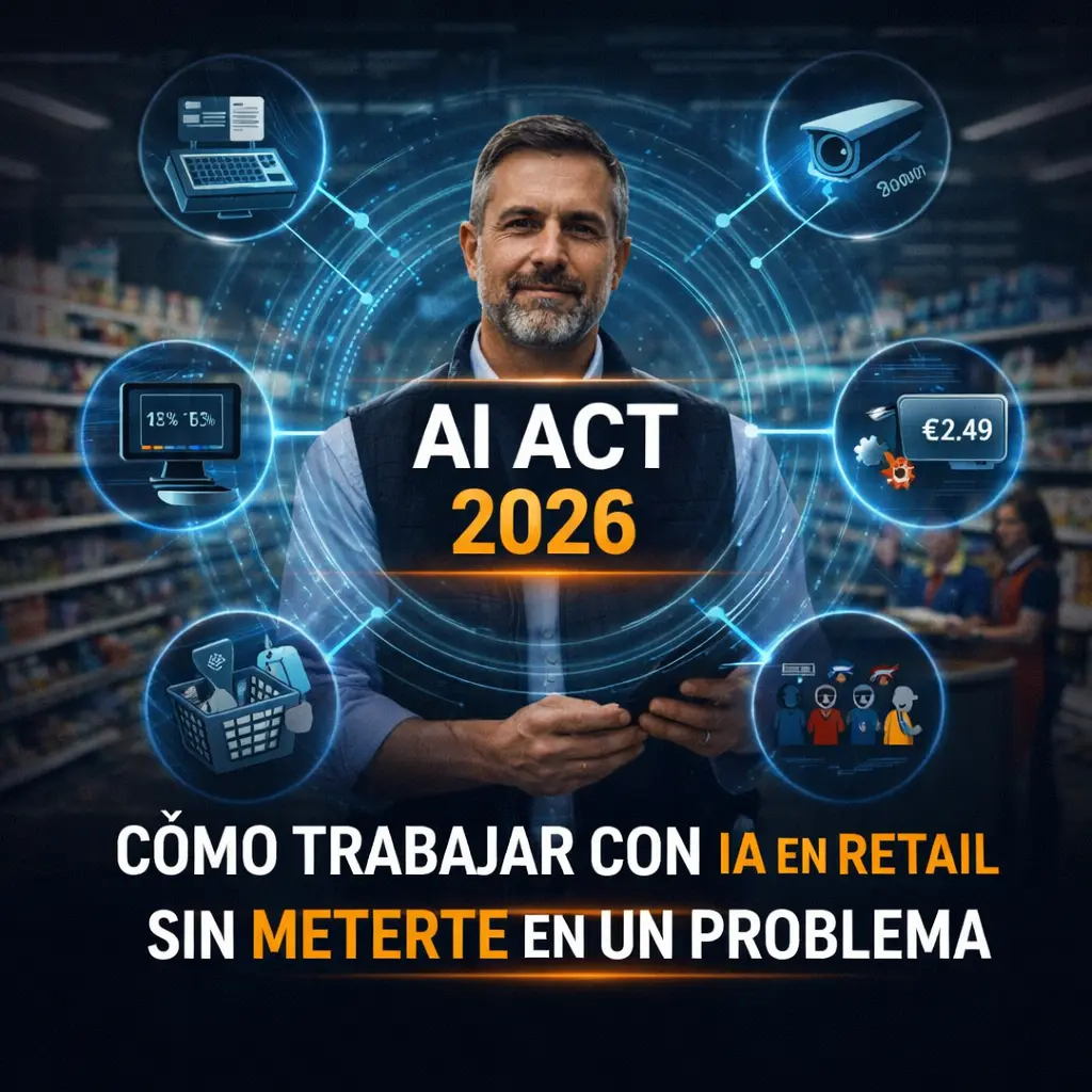 Imagen conceptual de AI Act 2026 en retail con un gerente en tienda rodeado de sistemas como TPV, pricing, seguridad y gestión de clientes, representando el control de decisiones con inteligencia artificial en la operativa del negocio.