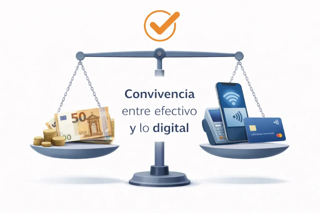 Ilustración de equilibrio entre efectivo y pagos digitales mostrando la convivencia de ambos sistemas en el comercio