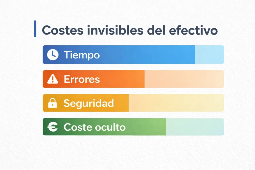 Gráfico claro de costes invisibles del efectivo en comercio: tiempo, errores, seguridad y coste oculto