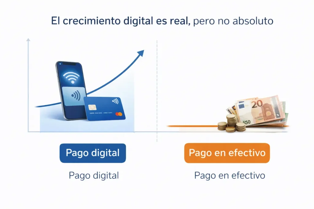 Gráfico que muestra el crecimiento del pago digital frente a la estabilidad del uso del efectivo en el comercio