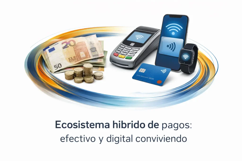 Ecosistema de pagos en comercio con convivencia entre efectivo y métodos digitales como tarjeta, móvil y TPV