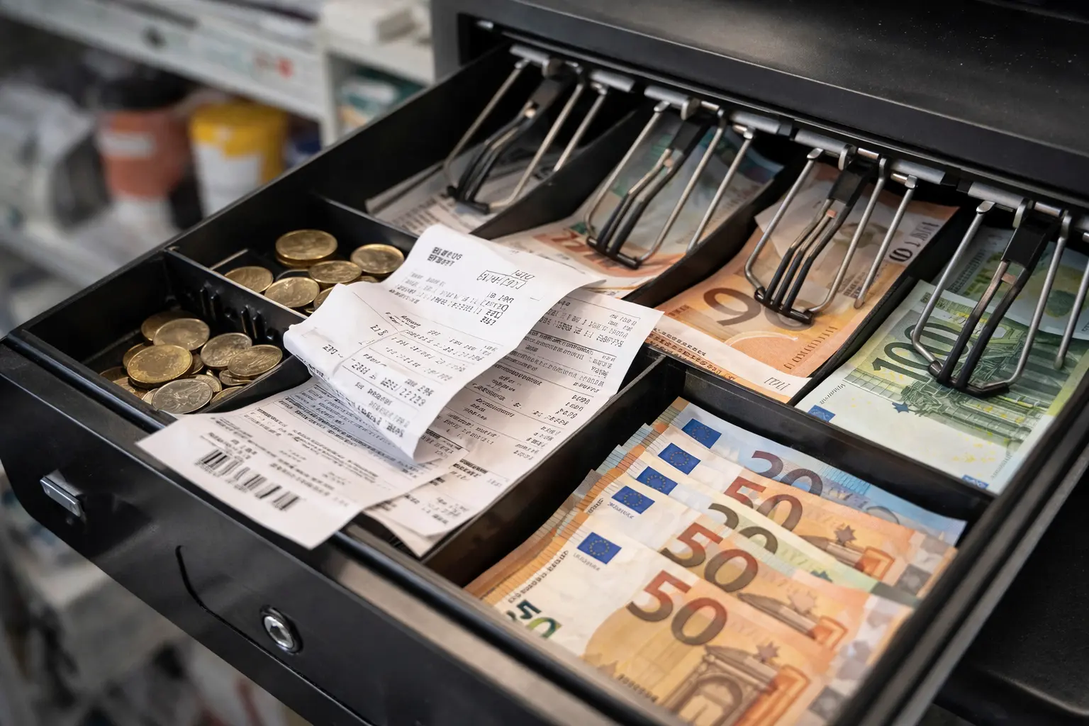 Cajón de caja registradora con billetes de euro, monedas y tickets en un entorno de comercio