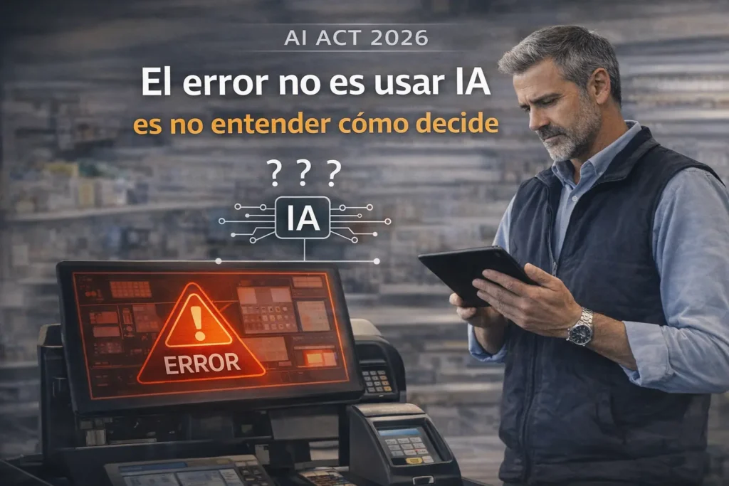 Gerente de tienda analizando una decisión automatizada en un TPV con alerta de error, representando los riesgos operativos de la inteligencia artificial en retail bajo el AI Act 2026.