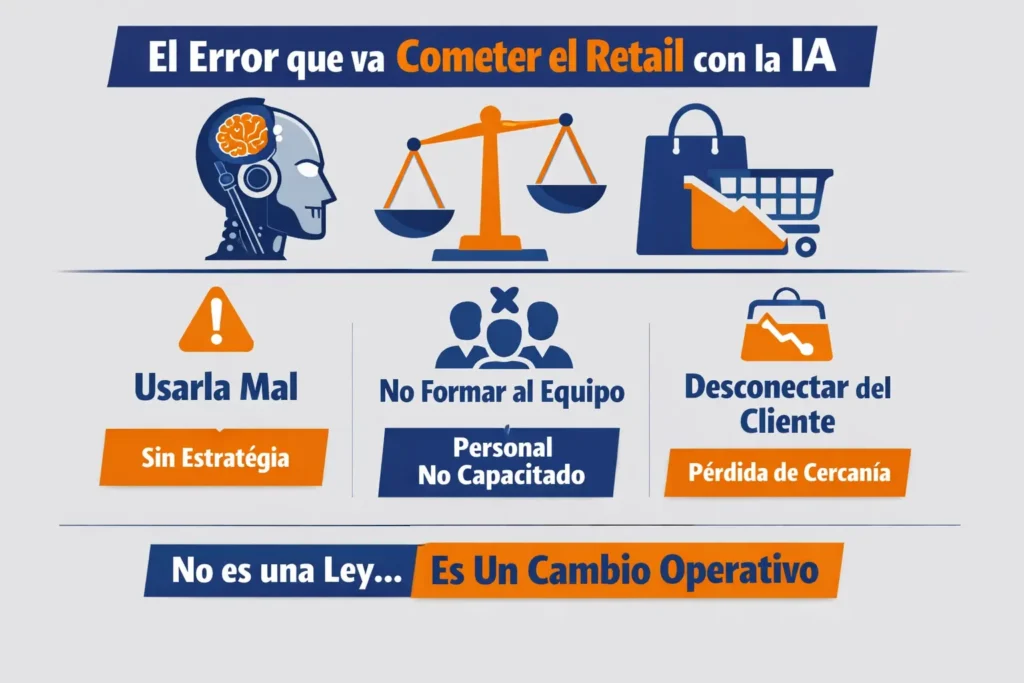 Imagen conceptual que representa los errores más comunes en el uso de IA en retail, vinculando normativa, operativa y toma de decisiones en tienda.