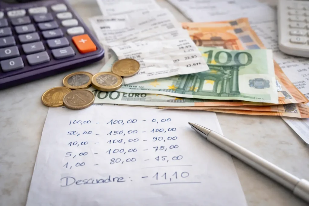 Descuadre de caja con billetes de euro, monedas, tickets y cálculo manual en comercio