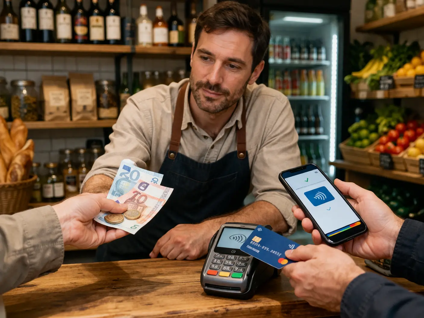Escena real en comercio donde el profesional gestiona al mismo tiempo pagos en efectivo y digitales, reflejando la convivencia de ambos sistemas