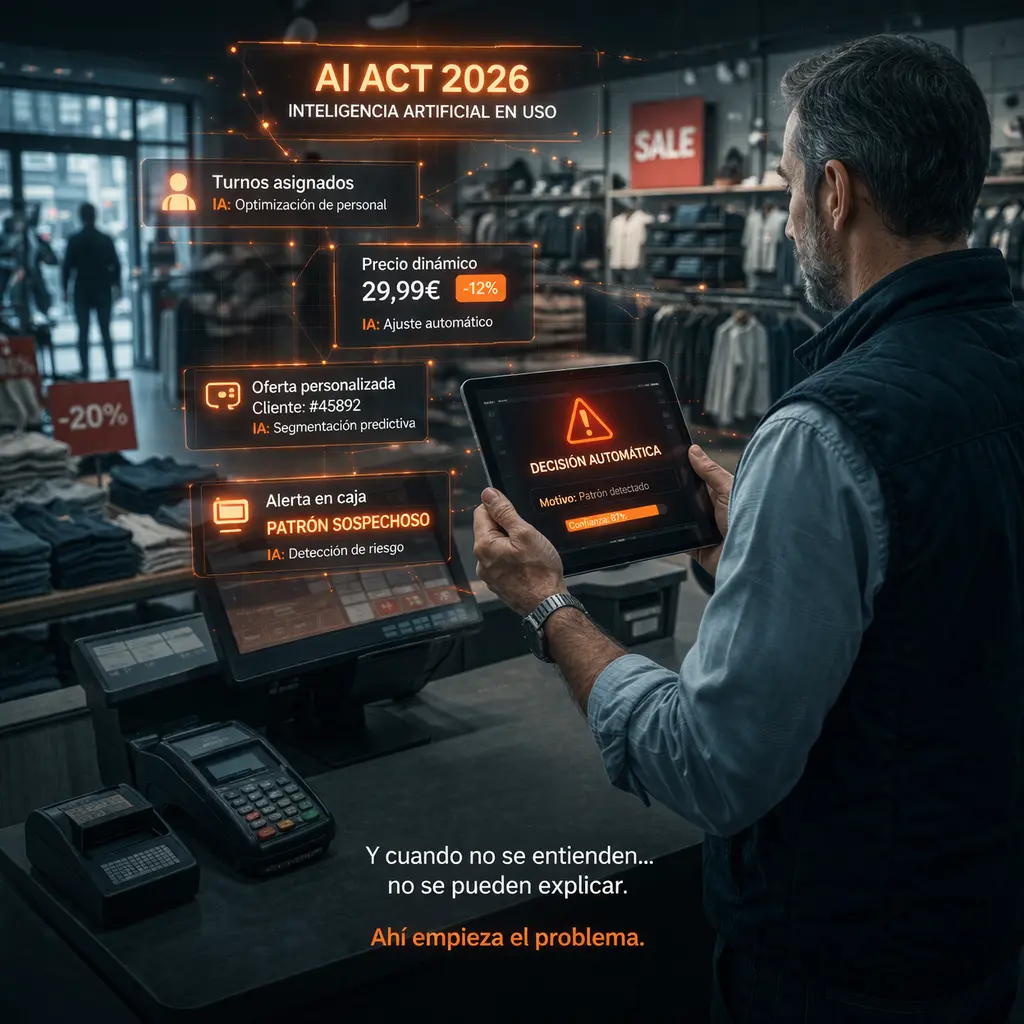 Gerente de tienda analizando decisiones automatizadas en un sistema TPV con inteligencia artificial, mostrando precios dinámicos, turnos y alertas de riesgo bajo el contexto del AI Act 2026 en retail.