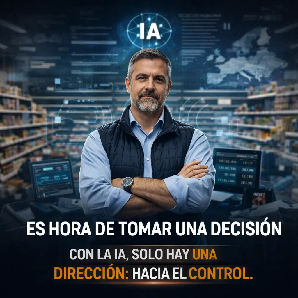 Gerente de tienda en un entorno retail con sistemas digitales y datos en pantalla, simbolizando la toma de decisiones con inteligencia artificial y el control operativo en el contexto del AI Act 2026.
