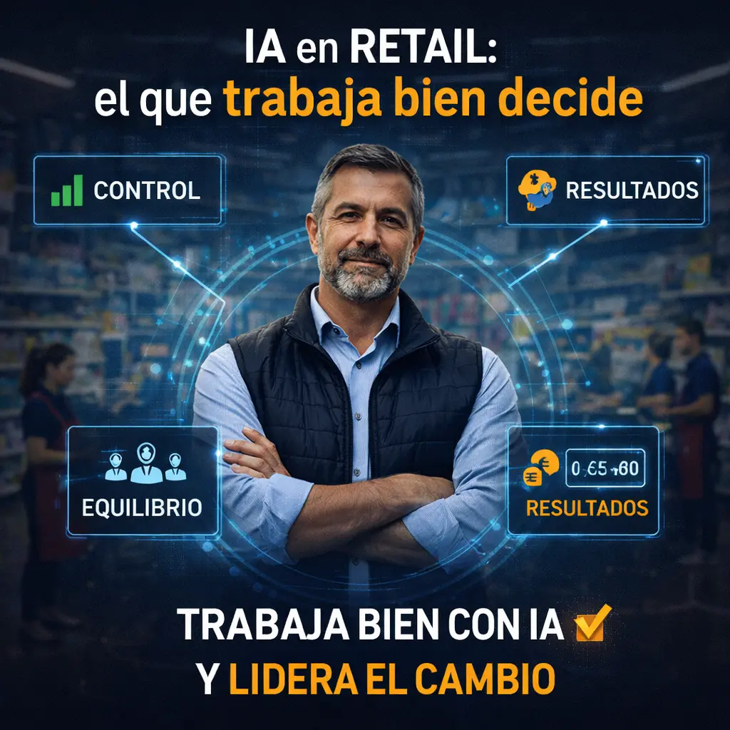 Gerente de tienda en retail con indicadores digitales de control, equilibrio y resultados, representando el uso correcto de la inteligencia artificial para la toma de decisiones y liderazgo del cambio en el negocio.