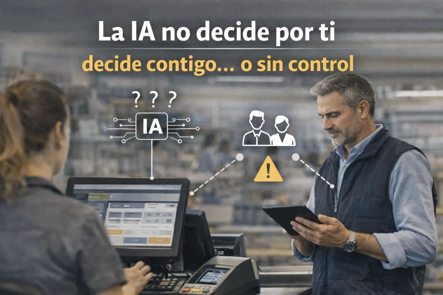 Escena de tienda con sistema TPV donde se representa la interacción entre inteligencia artificial y toma de decisiones humanas en el entorno retail