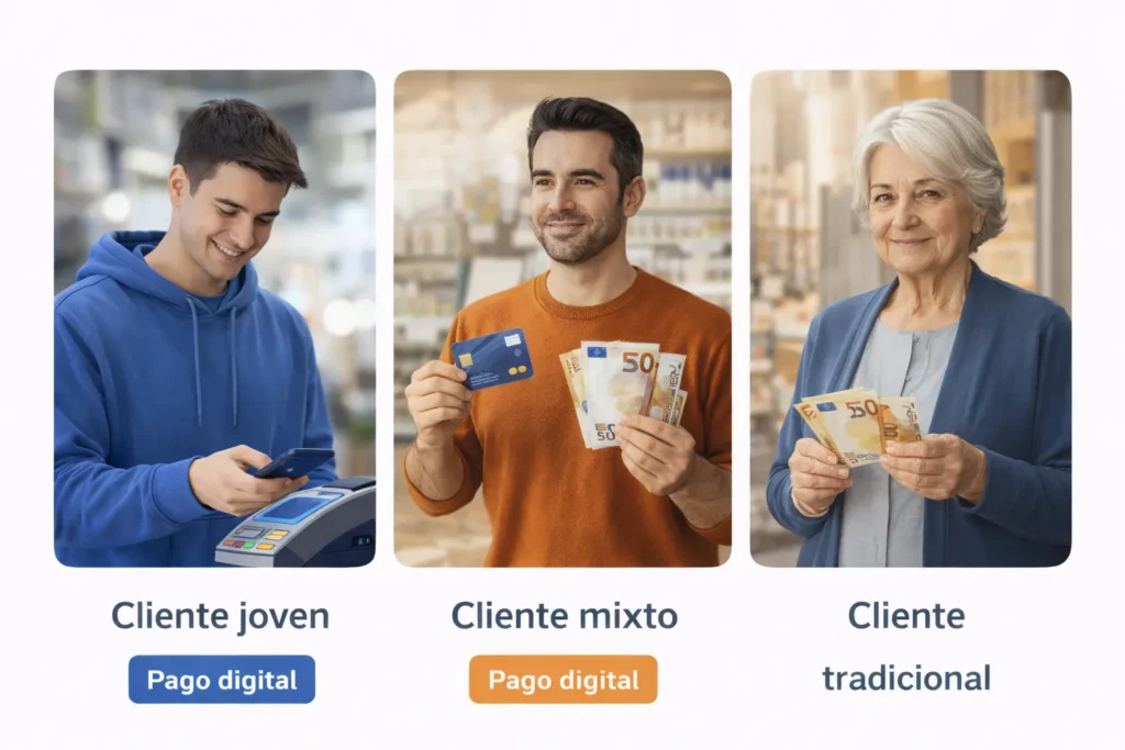 Ilustración de tres perfiles de cliente con distintos métodos de pago: digital, mixto y efectivo