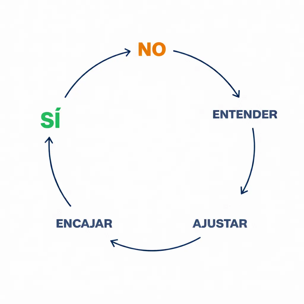 “Proceso comercial circular: NO → ENTENDER → AJUSTAR → ENCAJAR → SÍ, modelo de venta consultiva basado en aprendizaje y encaje con el cliente”