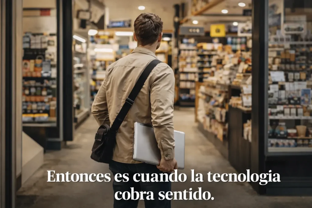 “Consultor entrando en tienda con portátil para analizar la operativa del negocio y aplicar tecnología con criterio”