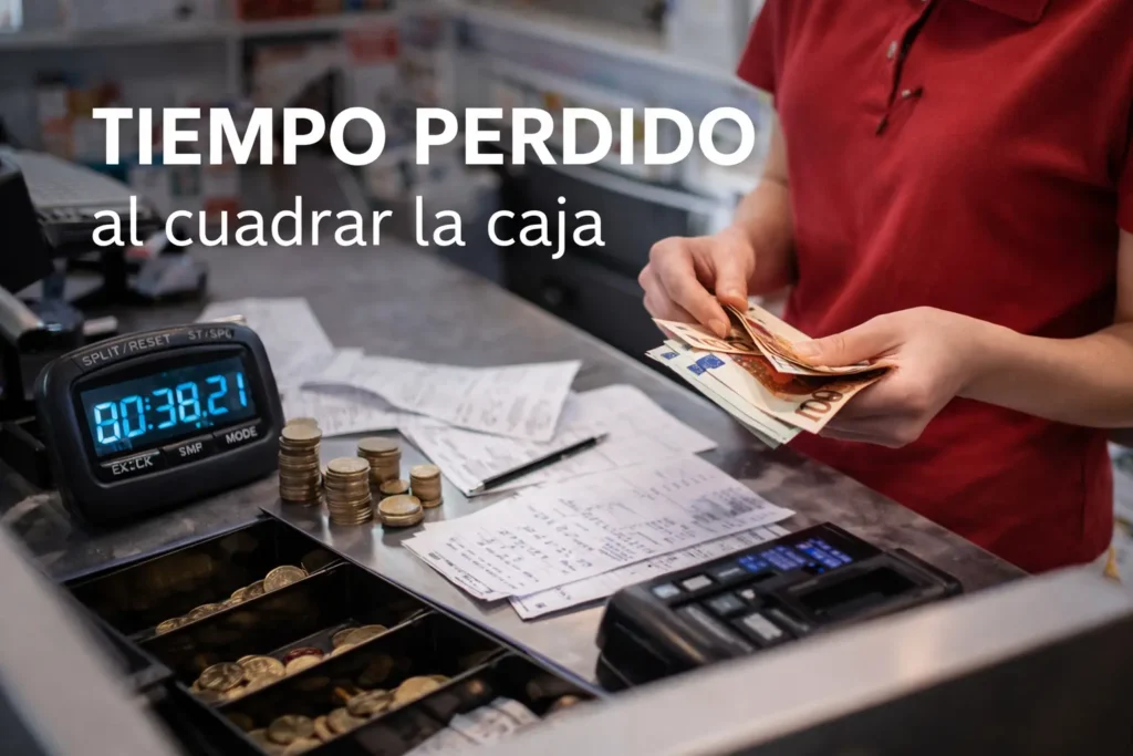 Empleado contando efectivo con cronómetro digital mostrando tiempo en cierre de caja