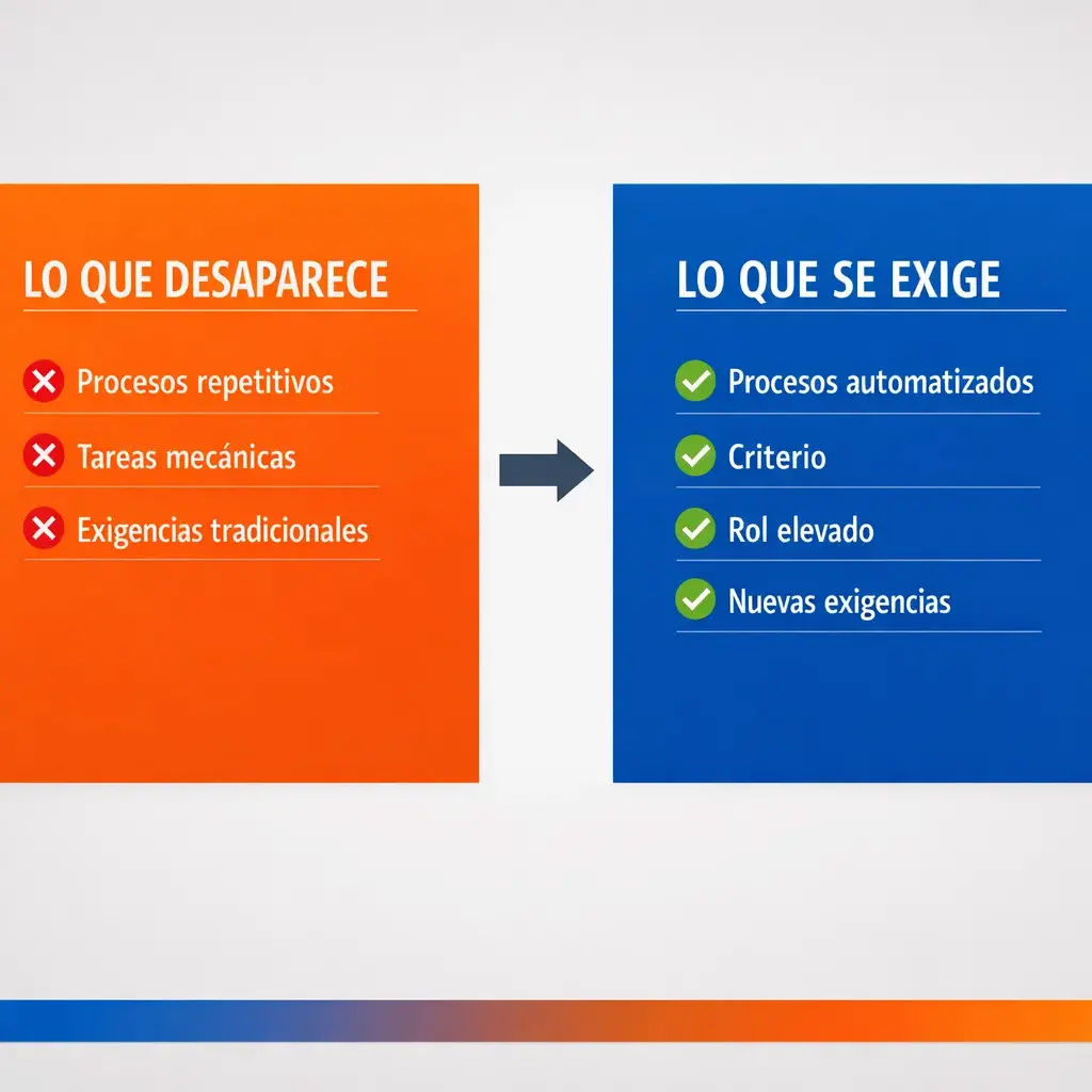 Diagrama comparativo sobre el impacto de la IA en el trabajo que muestra la transición de tareas repetitivas y exigencias tradicionales hacia procesos automatizados, criterio y roles de mayor valor