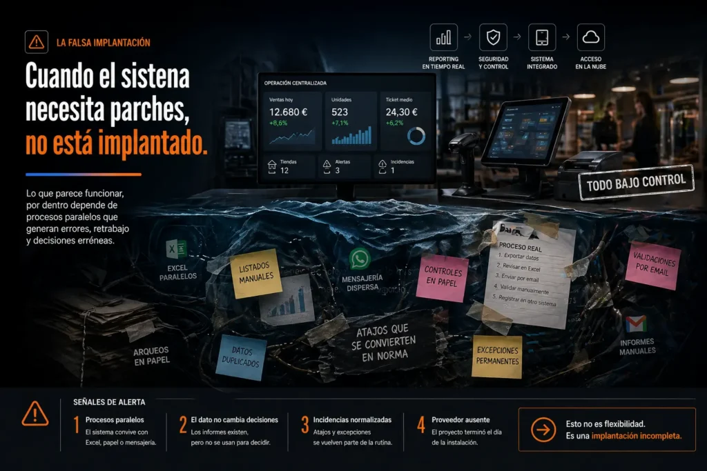 Ilustración conceptual sobre sistemas aparentemente implantados que dependen de Excel, papel y procesos paralelos.
