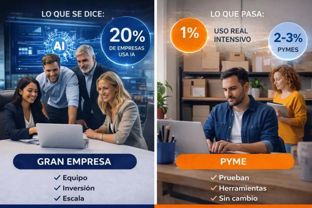 Comparativa entre gran empresa y pyme en el uso de inteligencia artificial en España, mostrando la diferencia entre percepción (20% de adopción) y uso real intensivo (1%) y baja implantación en pymes (2-3%).