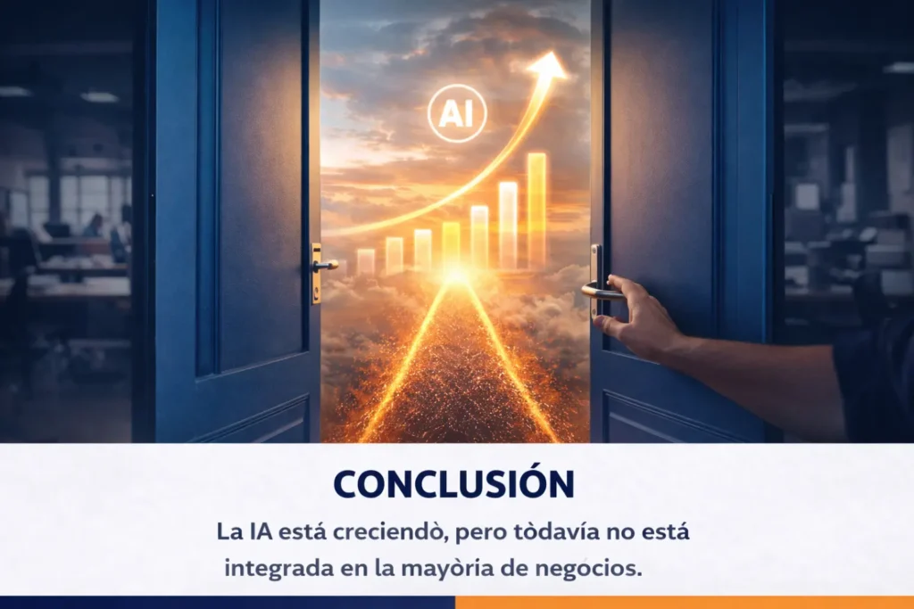 Puerta abierta hacia un entorno digital con crecimiento de inteligencia artificial, simbolizando que la IA avanza pero aún no está integrada en la mayoría de negocios.
