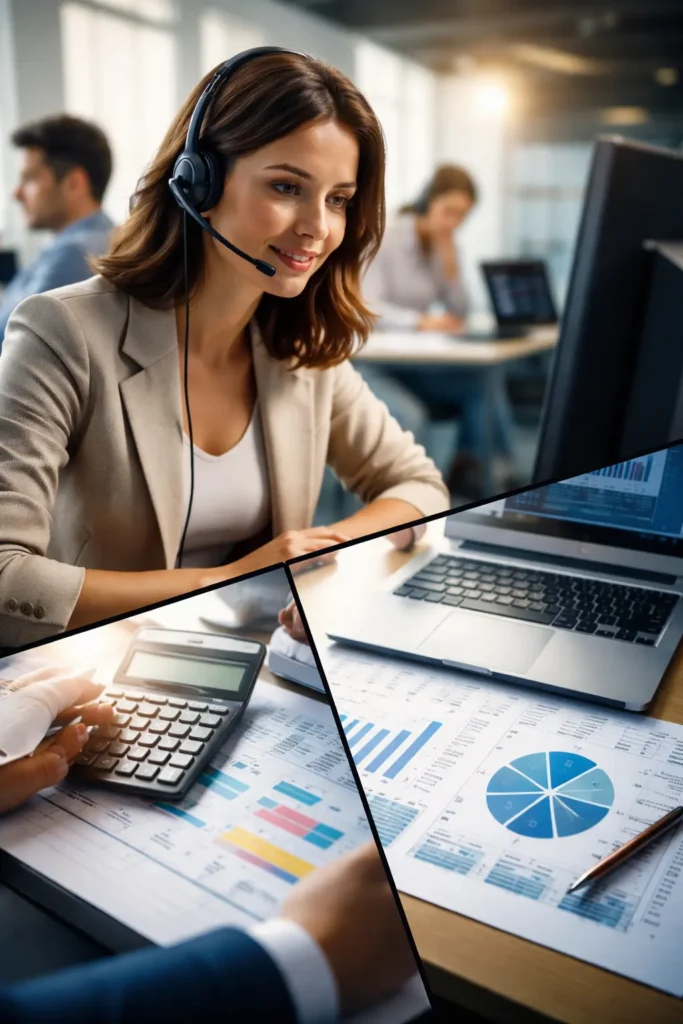 Profesional con auriculares atendiendo cliente en oficina junto a escenas de análisis financiero y trabajo contable en ordenador, representando la transformación del trabajo en atención al cliente, administración y contabilidad por la IA