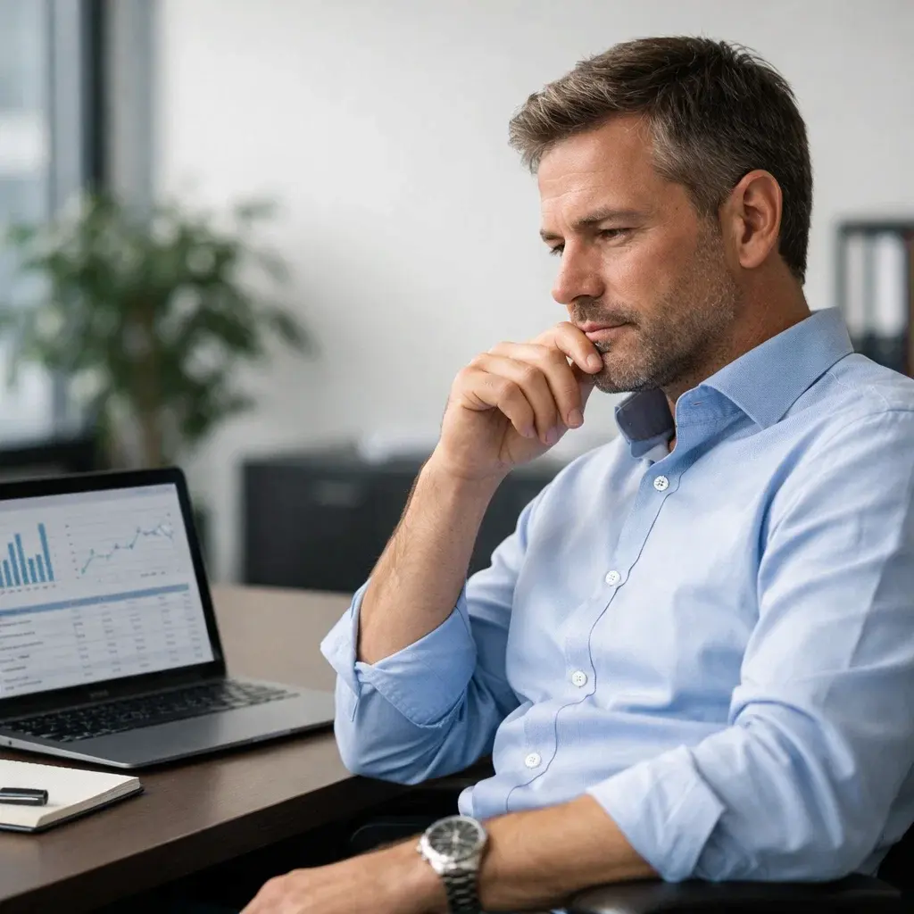 Profesional en oficina observando la pantalla de su portátil con actitud reflexiva, representando el momento de decisión ante el cambio en la forma de trabajar impulsado por la IA