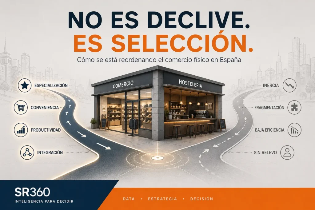 Portada conceptual sobre la selección de modelos en retail y hostelería en España y la reconfiguración del comercio físico.