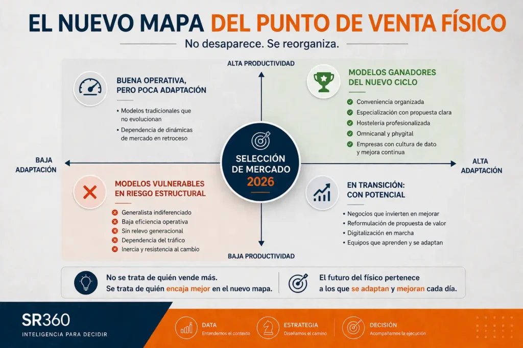 Matriz estratégica sobre adaptación y productividad que muestra el nuevo mapa competitivo del punto de venta físico en España para 2026.