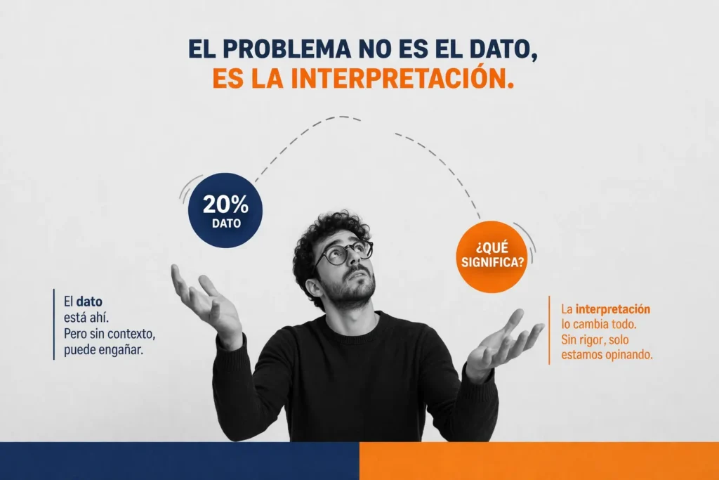 Persona haciendo malabares con dos esferas que representan el dato y la interpretación, mostrando que el valor real no está en el dato sino en cómo se interpreta en el negocio.