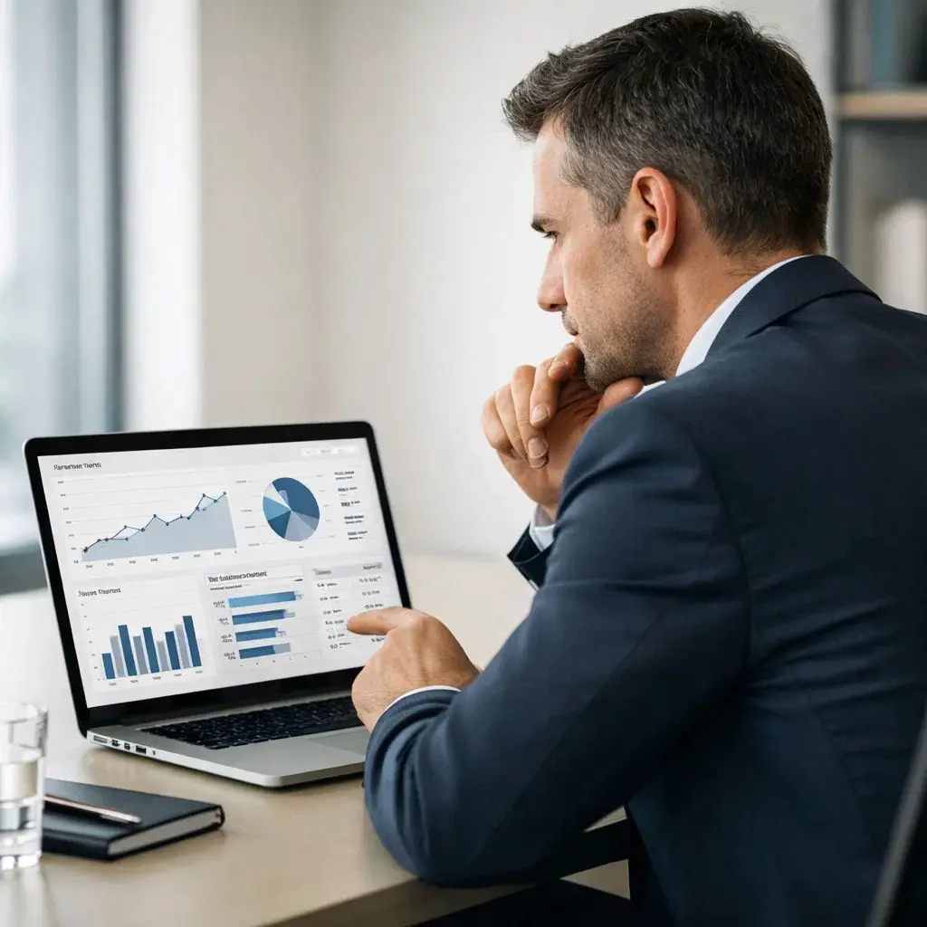 Profesional analizando datos en un dashboard en su ordenador, en un entorno de oficina ordenado, representando el paso de ejecutar tareas a tomar decisiones y asumir la responsabilidad del resultado