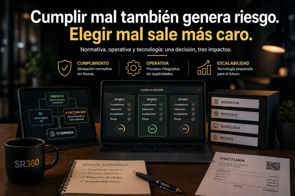 Imagen conceptual sobre decisiones de implantación: cumplir normativa no siempre equivale a elegir bien una solución tecnológica.