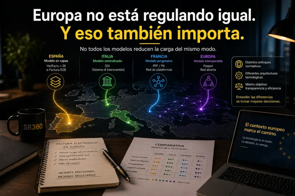 Comparativa visual entre modelos europeos de facturación electrónica: España, Italia, Francia y red Peppol.
