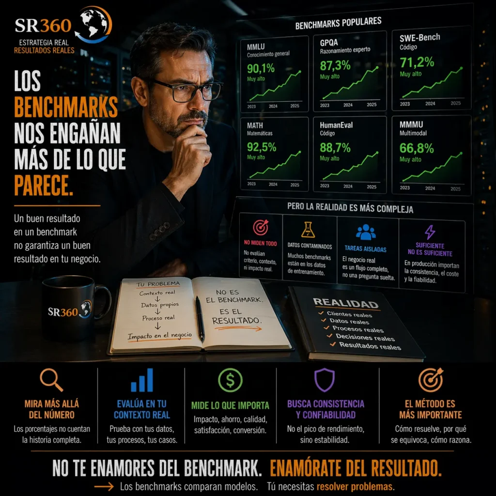 Ilustración de benchmarks de IA comparando modelos mediante GPQA, MMLU-Pro, LiveBench y SWE-Bench.